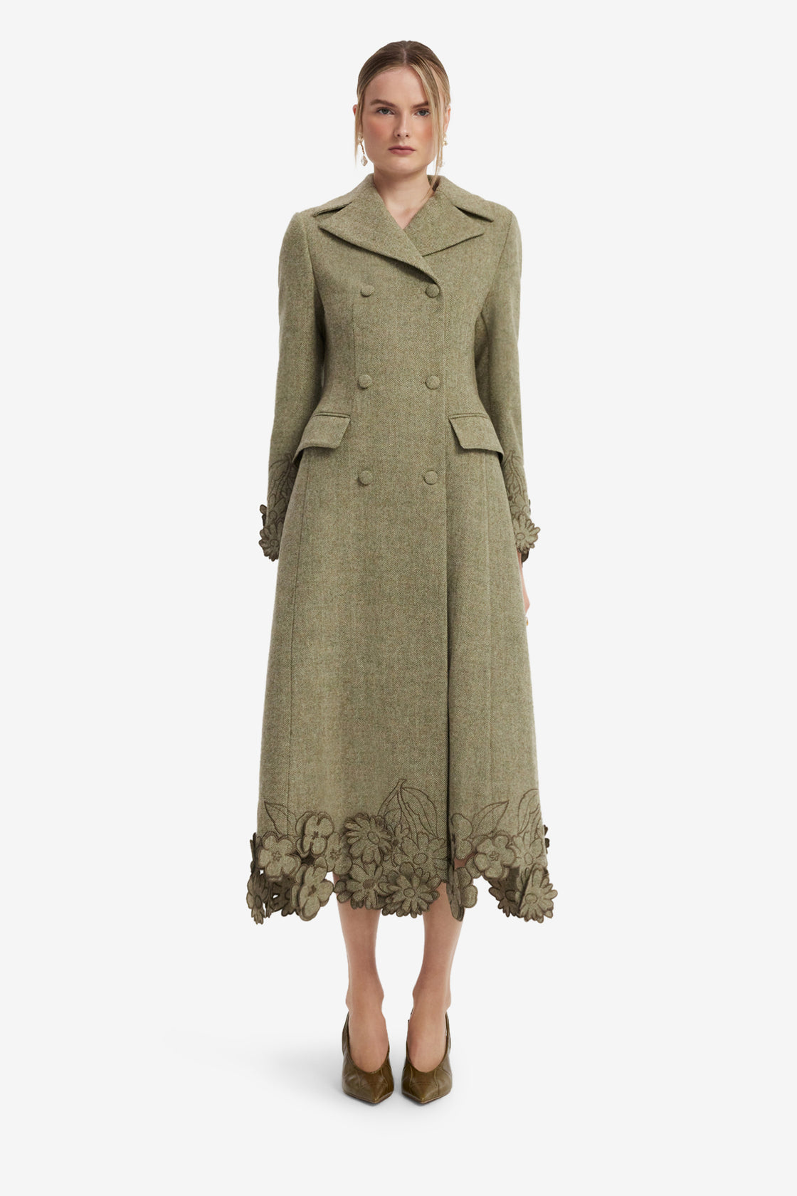 Elara Applique Wool Coat - Olive Coats