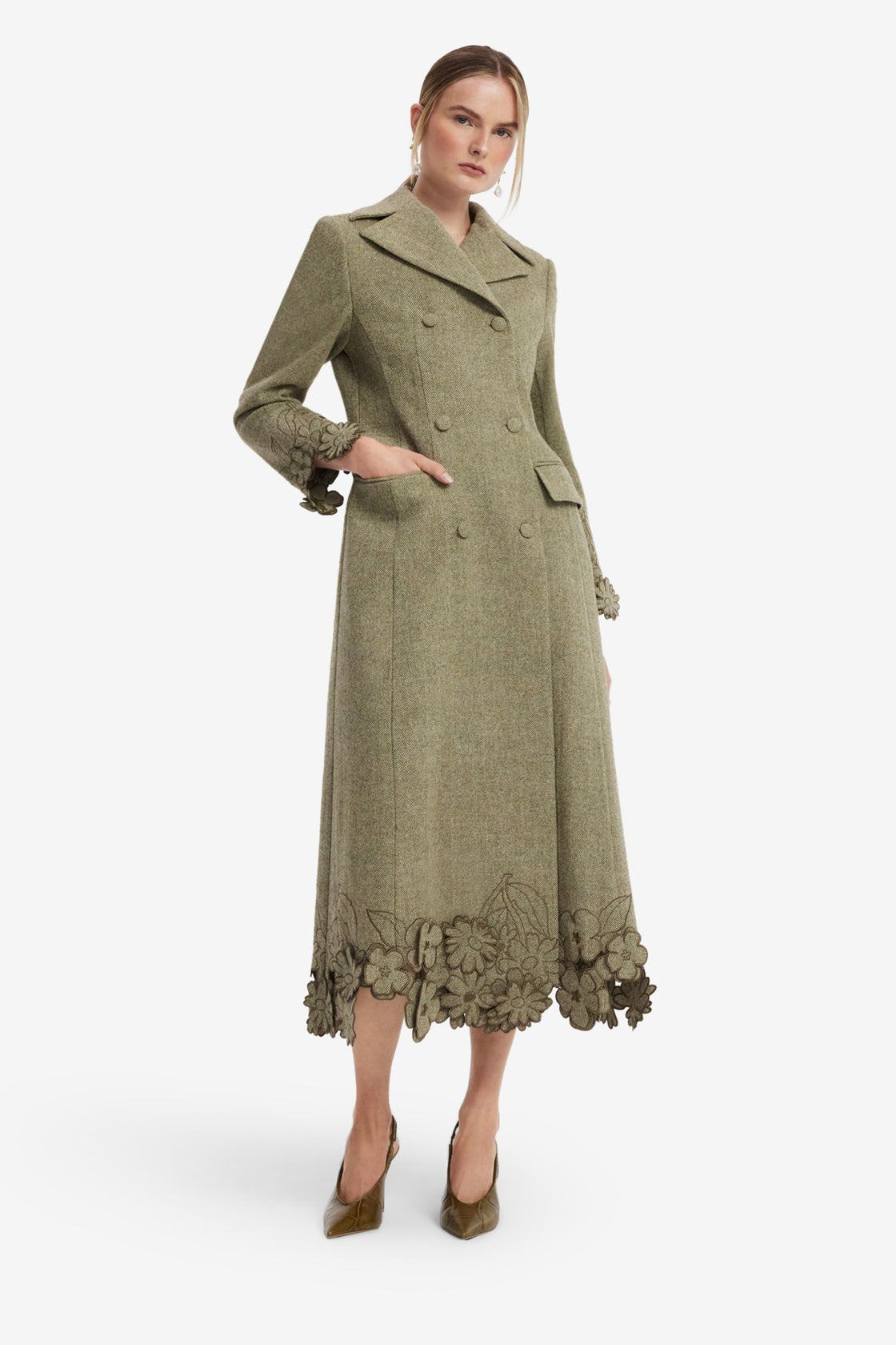Elara Applique Wool Coat - Olive Coats
