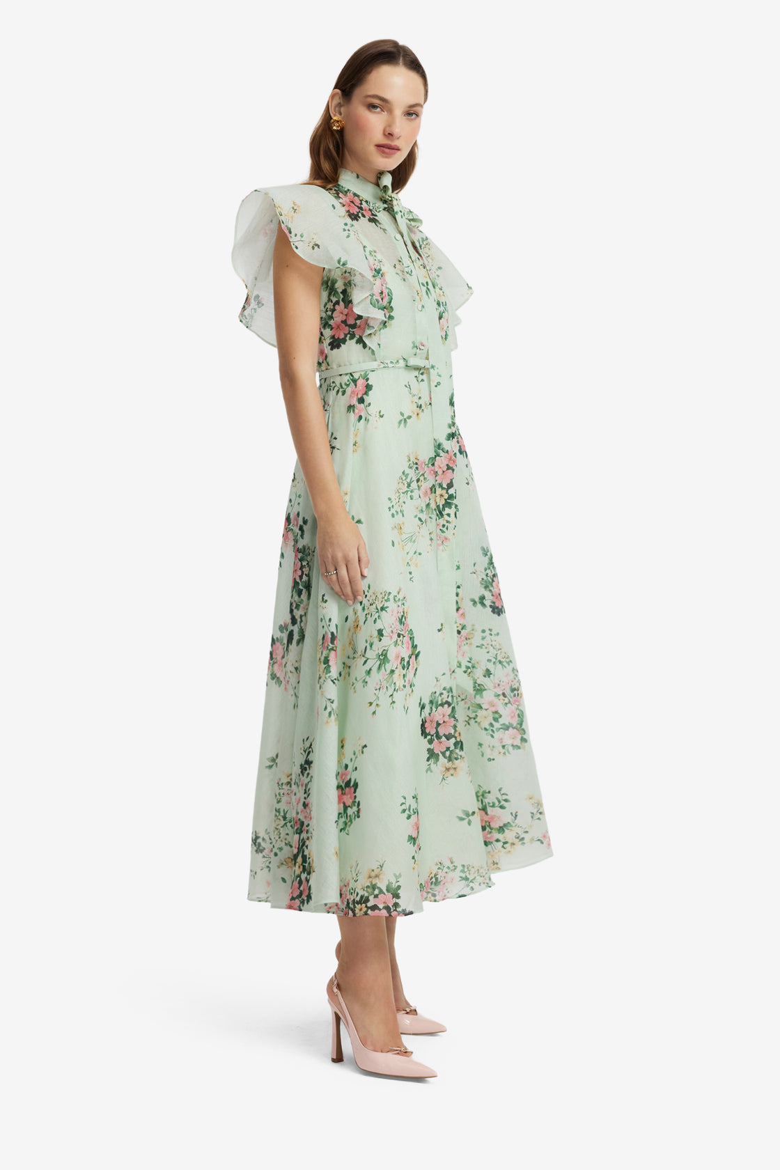 Elsie Flutter Sleeve Midi Dress - Posy Print in Mint Dress Midi