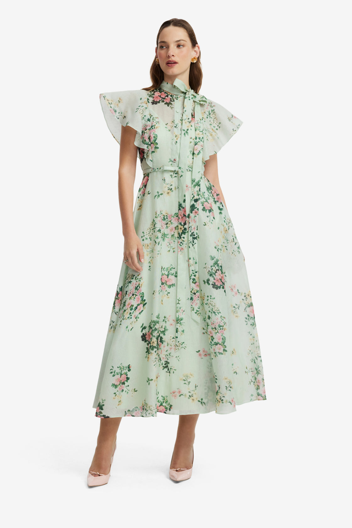 Elsie Flutter Sleeve Midi Dress - Posy Print in Mint Dress Midi