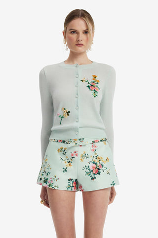 Claire Embellished Knit Cardigan - Posy Print in Mint Tops