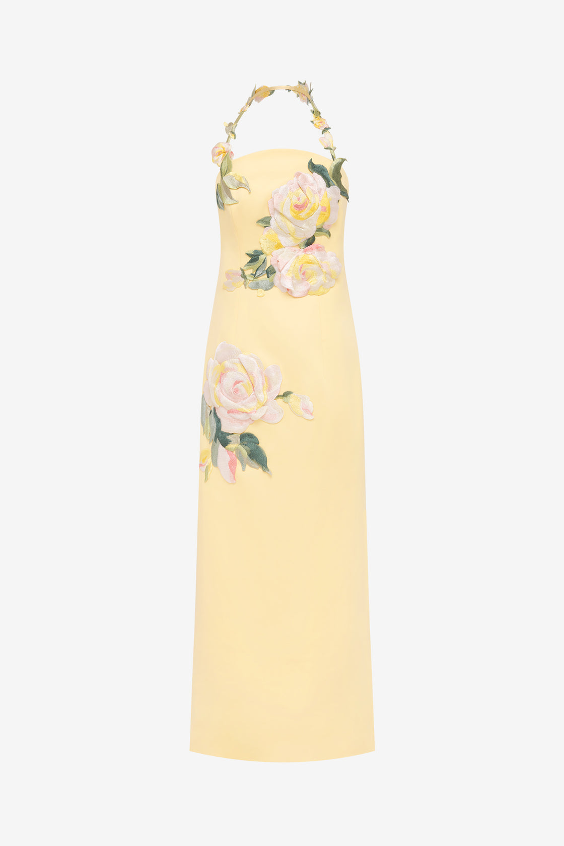 Ava Halterneck Applique Floral Bustier Maxi Dress - Rose Print in Butter Dress Maxi
