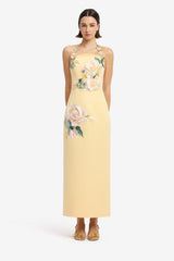 Ava Halterneck Applique Floral Bustier Maxi Dress - Rose Print in Butter Dress Maxi