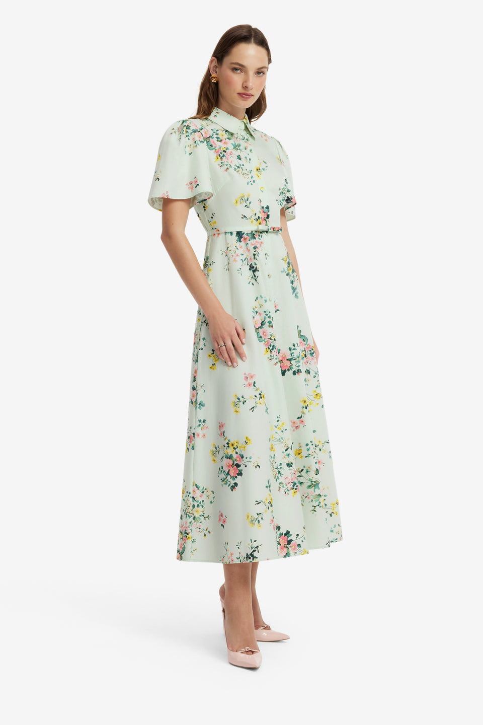 Bianca Short Sleeve Midi Dress - Posy Print in Mint Dress Midi