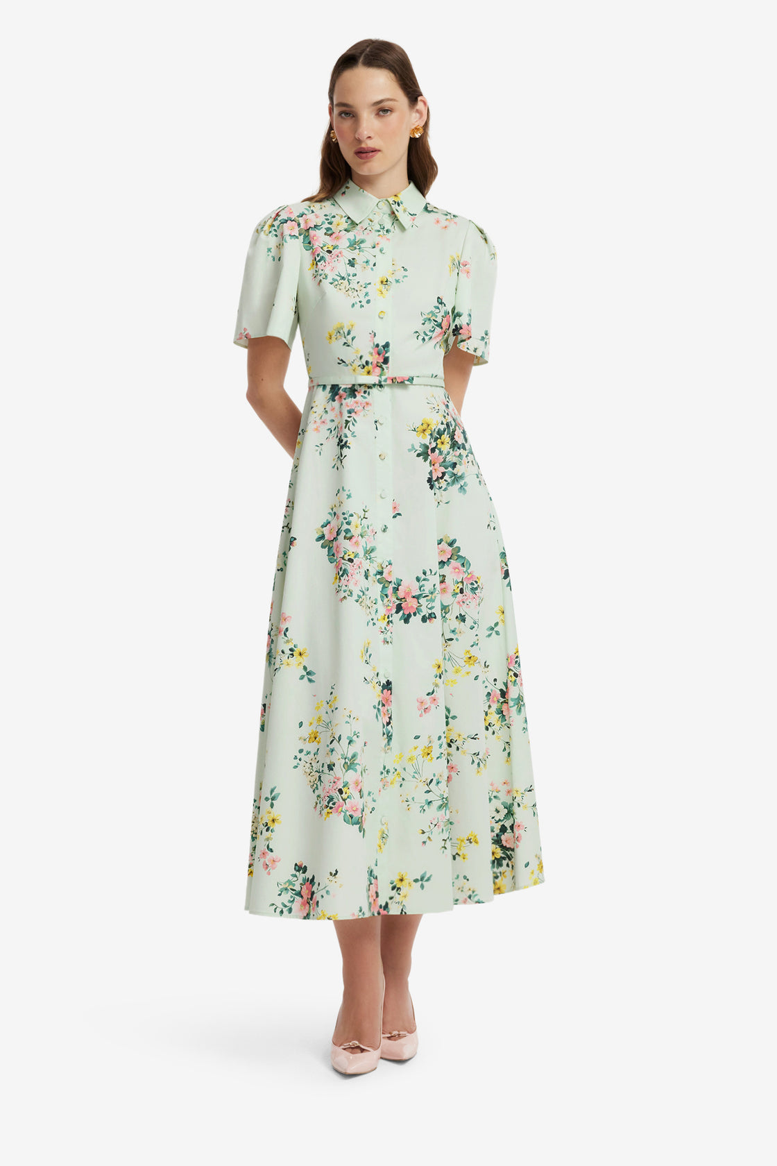 Bianca Short Sleeve Midi Dress - Posy Print in Mint Dress Midi
