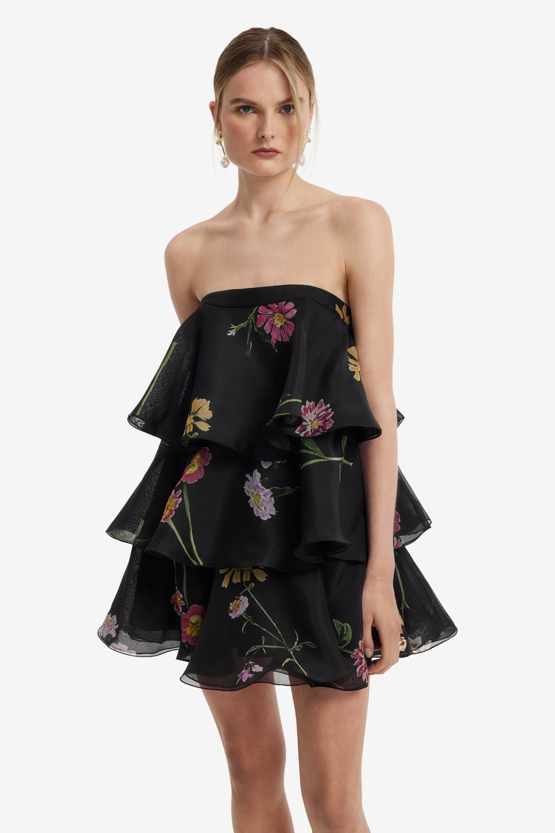 Gigi Bustier Ruffled Mini Dress - Meadow Mist in Ebony Dress Mini