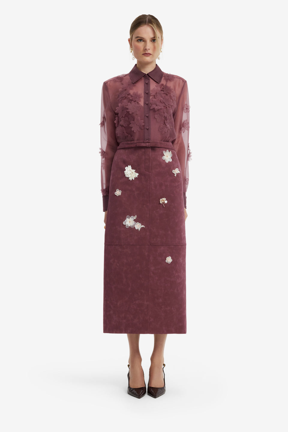 Saskia Embellished Vegan Suede Maxi Skirt - Mahogany Skirts