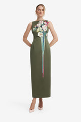 Althea Embroidered Maxi Dress - Reverie Print in Olive Dress Maxi