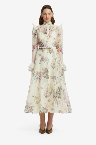 Katrina Butterfly Sleeve Midi Dress - Posy Print in Snow Dress Midi