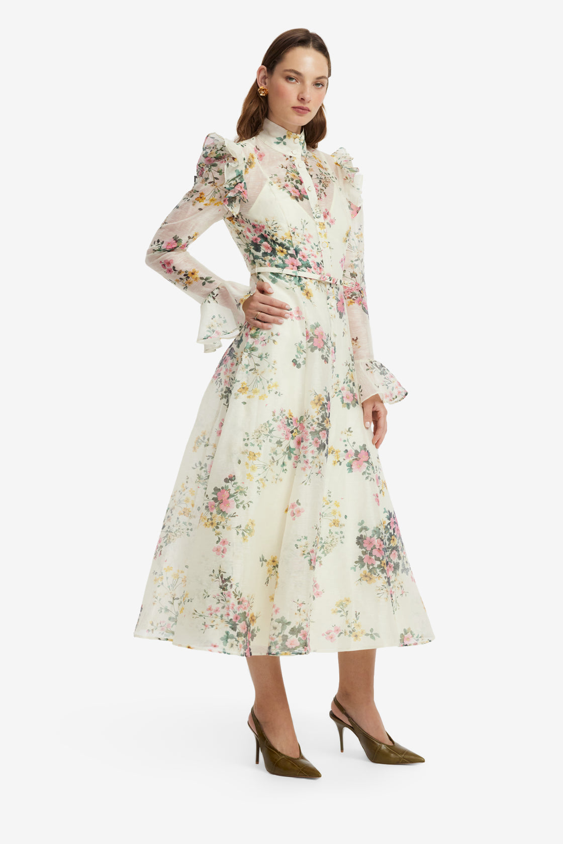 Katrina Butterfly Sleeve Midi Dress - Posy Print in Snow Dress Midi