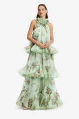 Thalia Halterneck Tiered Maxi Dress - Posy Print in Mint Dress Maxi