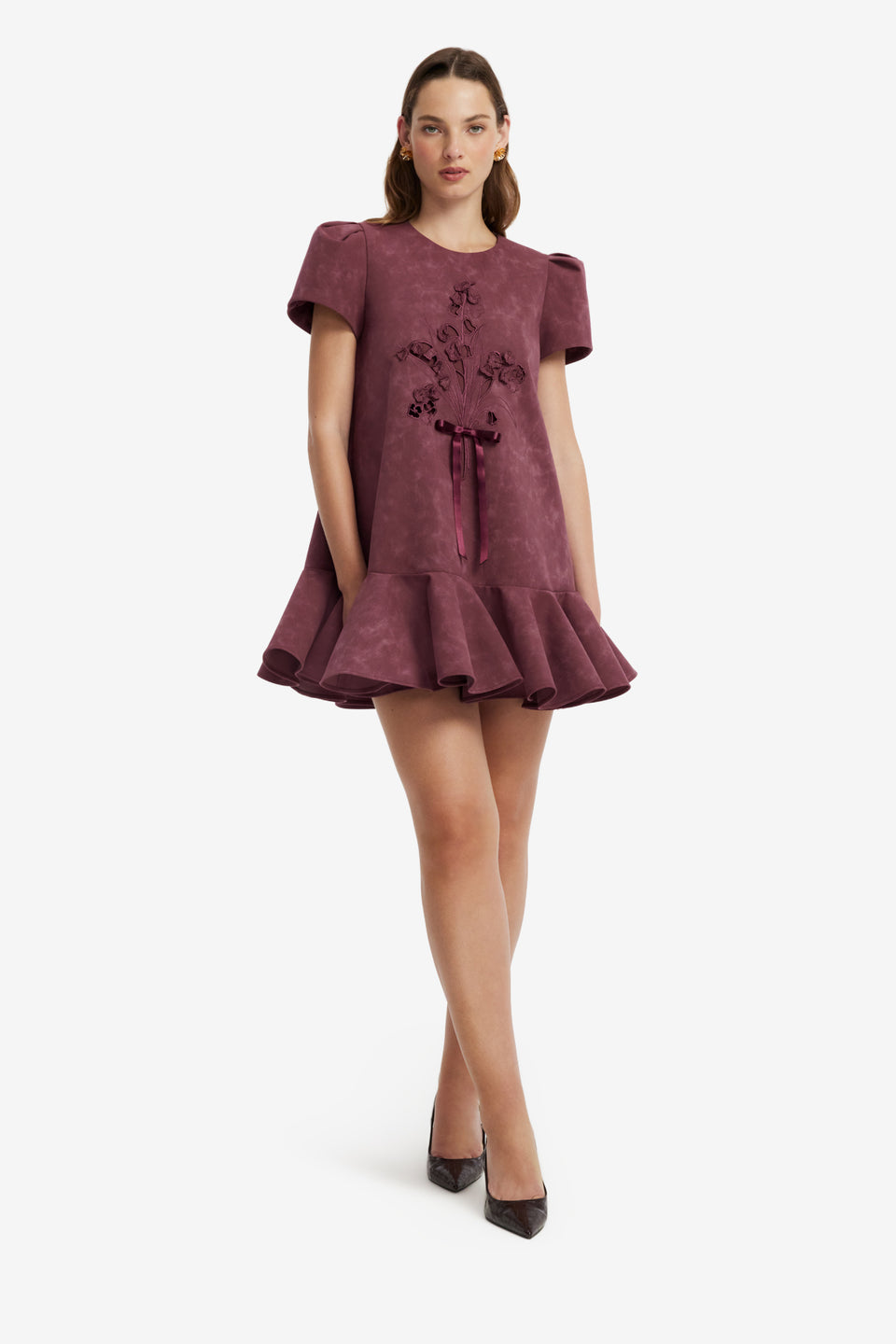 Esther Applique Vegan Suede Mini Dress - Mahogany Dress Mini