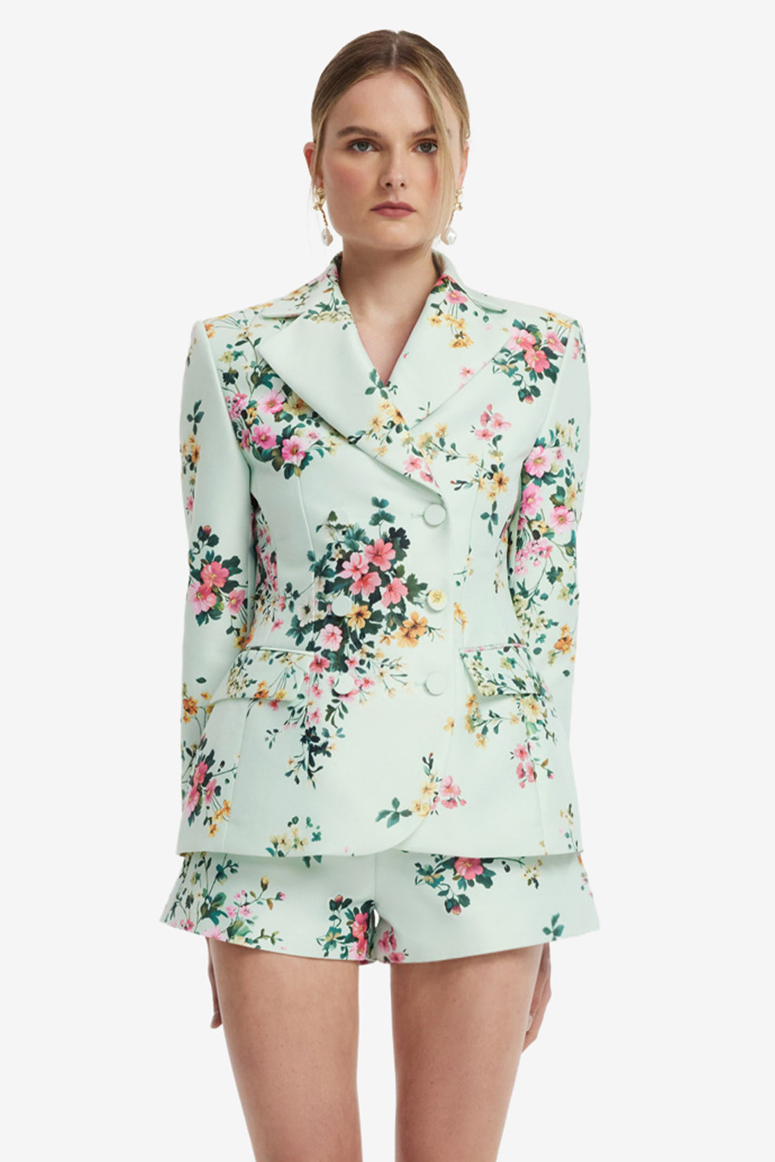 Margaux Double Breasted Fitted Blazer - Posy Print in Mint Blazer