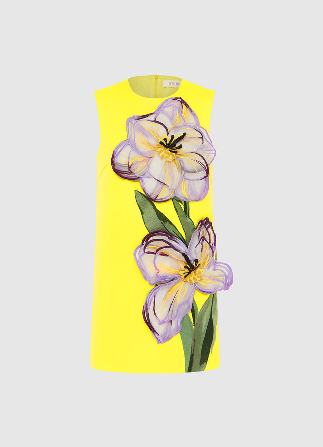 Exclusive Leo Lin Yvonne Appliqué Floral Mini Dress in Iris Print in Yellow