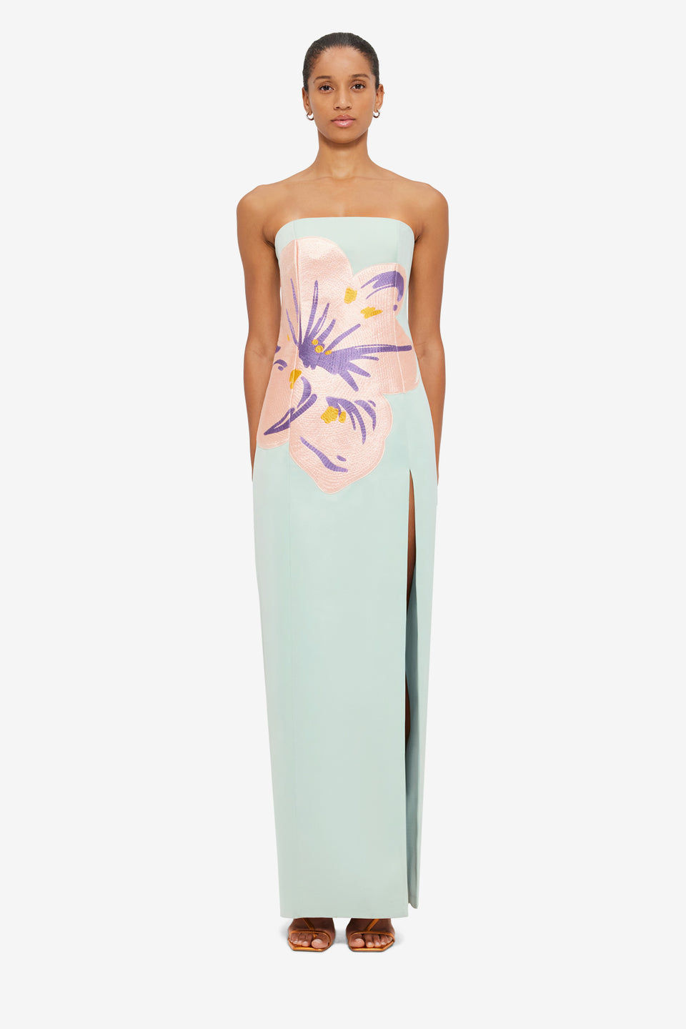Exclusive Leo Lin Clémence Embroidered Split Maxi Dress in Hibiscus in Pistachio