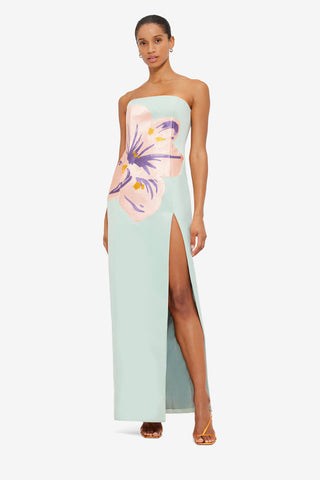 Exclusive Leo Lin Clémence Embroidered Split Maxi Dress in Hibiscus in Pistachio