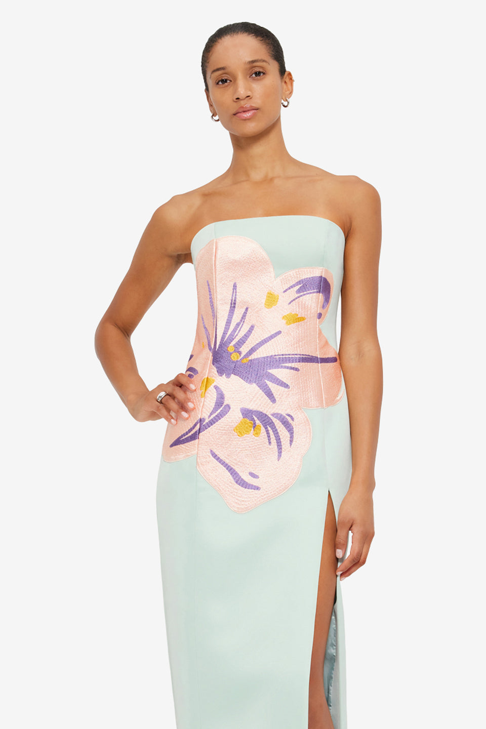 Exclusive Leo Lin Clémence Embroidered Split Maxi Dress in Hibiscus in Pistachio