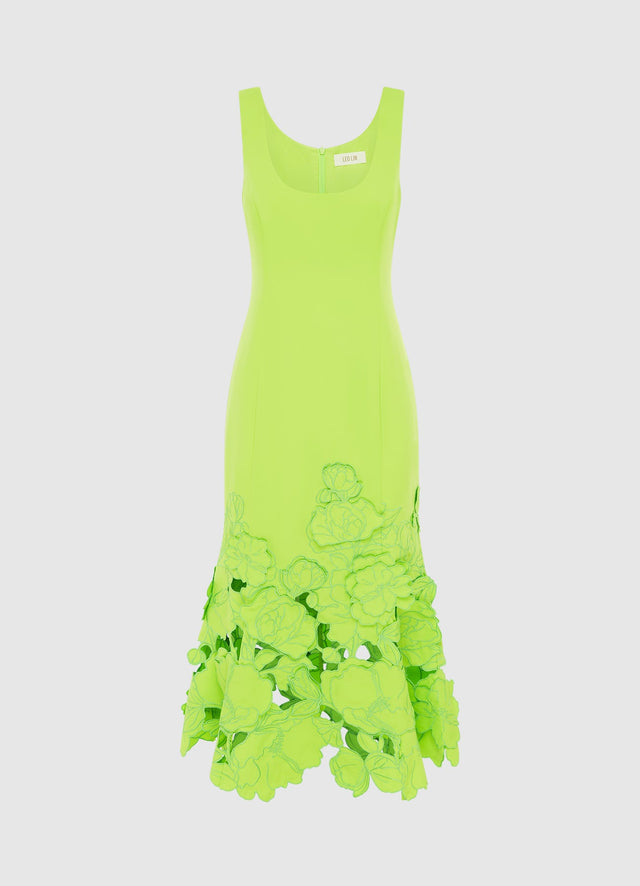 Exclusive Leo Lin Emily Appliqué Midi Dress in Lime