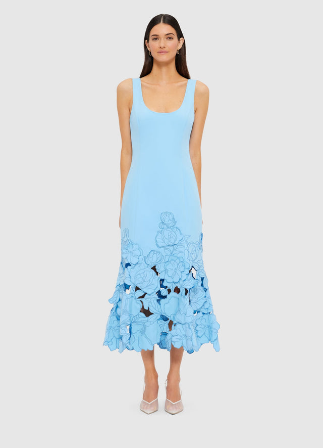 Exclusive Leo Lin Emily Appliqué Midi Dress in Cornflower Blue