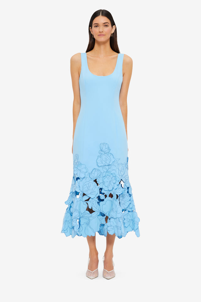 Exclusive Leo Lin Emily Appliqué Midi Dress in Cornflower Blue