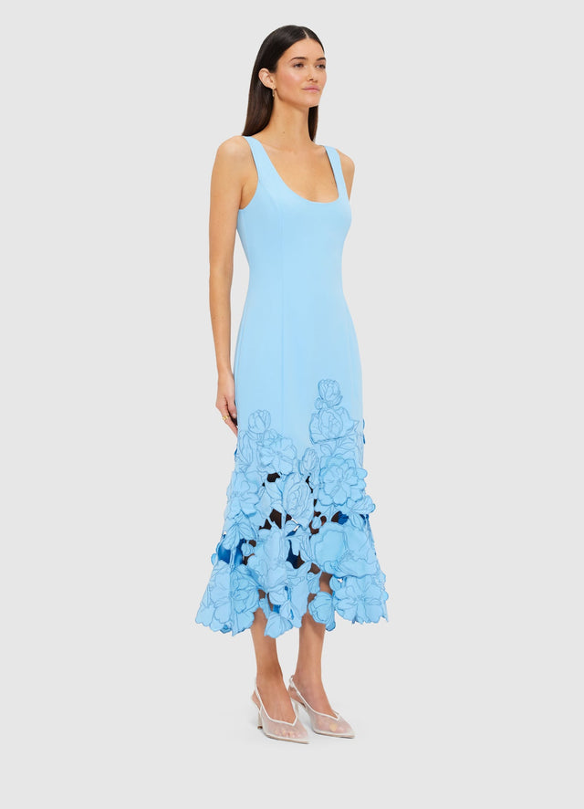 Exclusive Leo Lin Emily Appliqué Midi Dress in Cornflower Blue