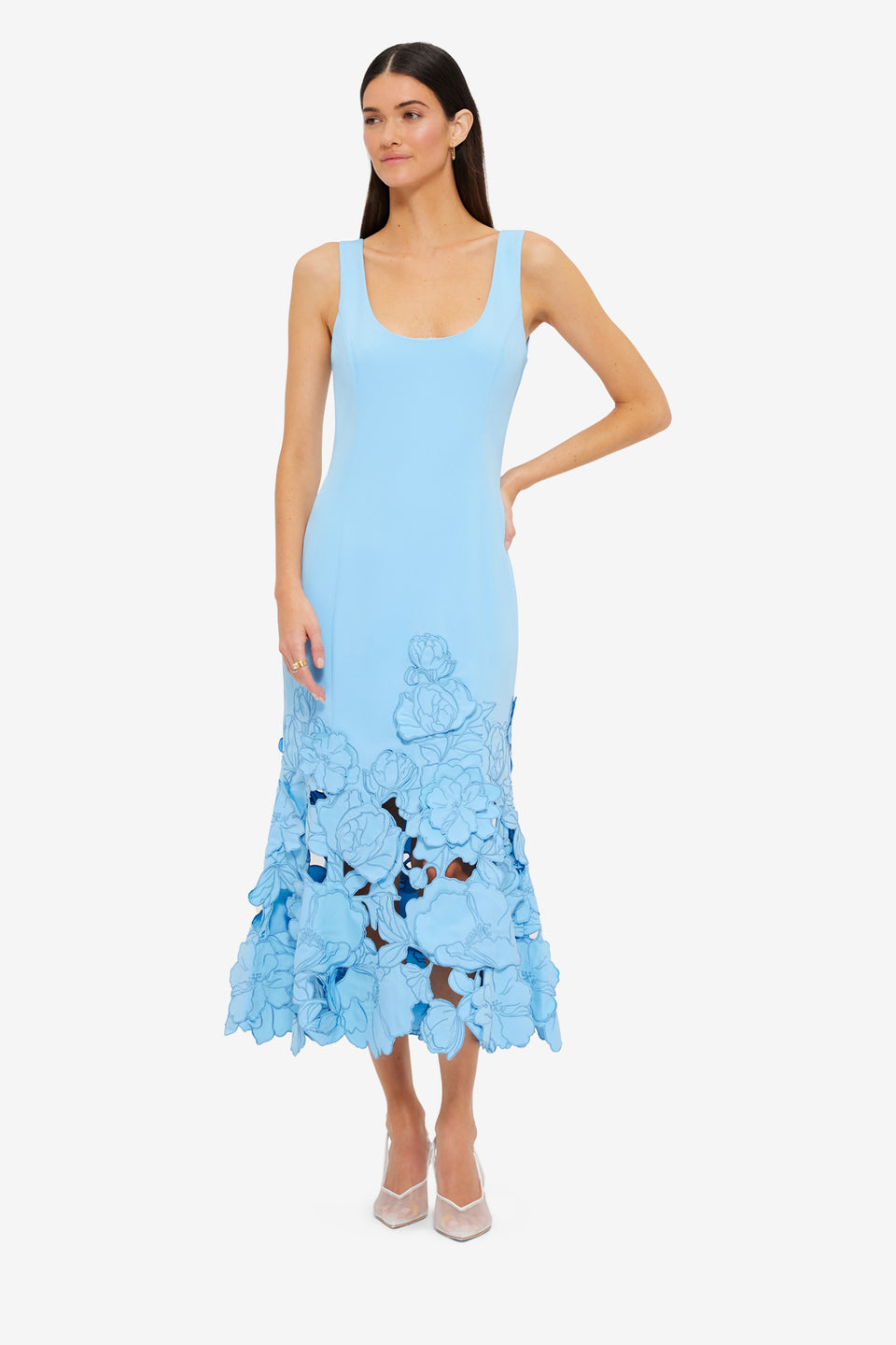 Exclusive Leo Lin Emily Appliqué Midi Dress in Cornflower Blue