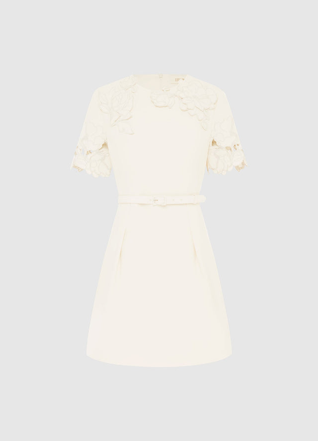 Exclusive LEO LIN Aurélie Appliqué Short Sleeve Mini Dress in Cream