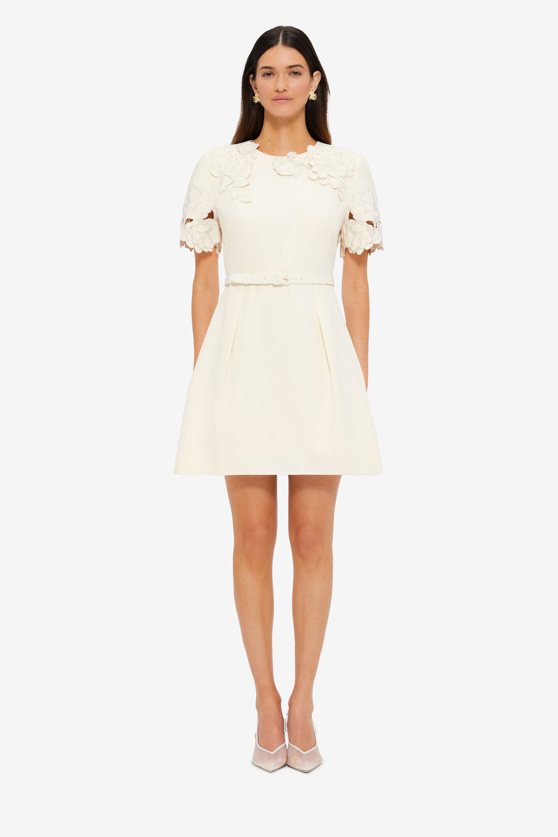 Exclusive LEO LIN Aurélie Appliqué Short Sleeve Mini Dress in Cream