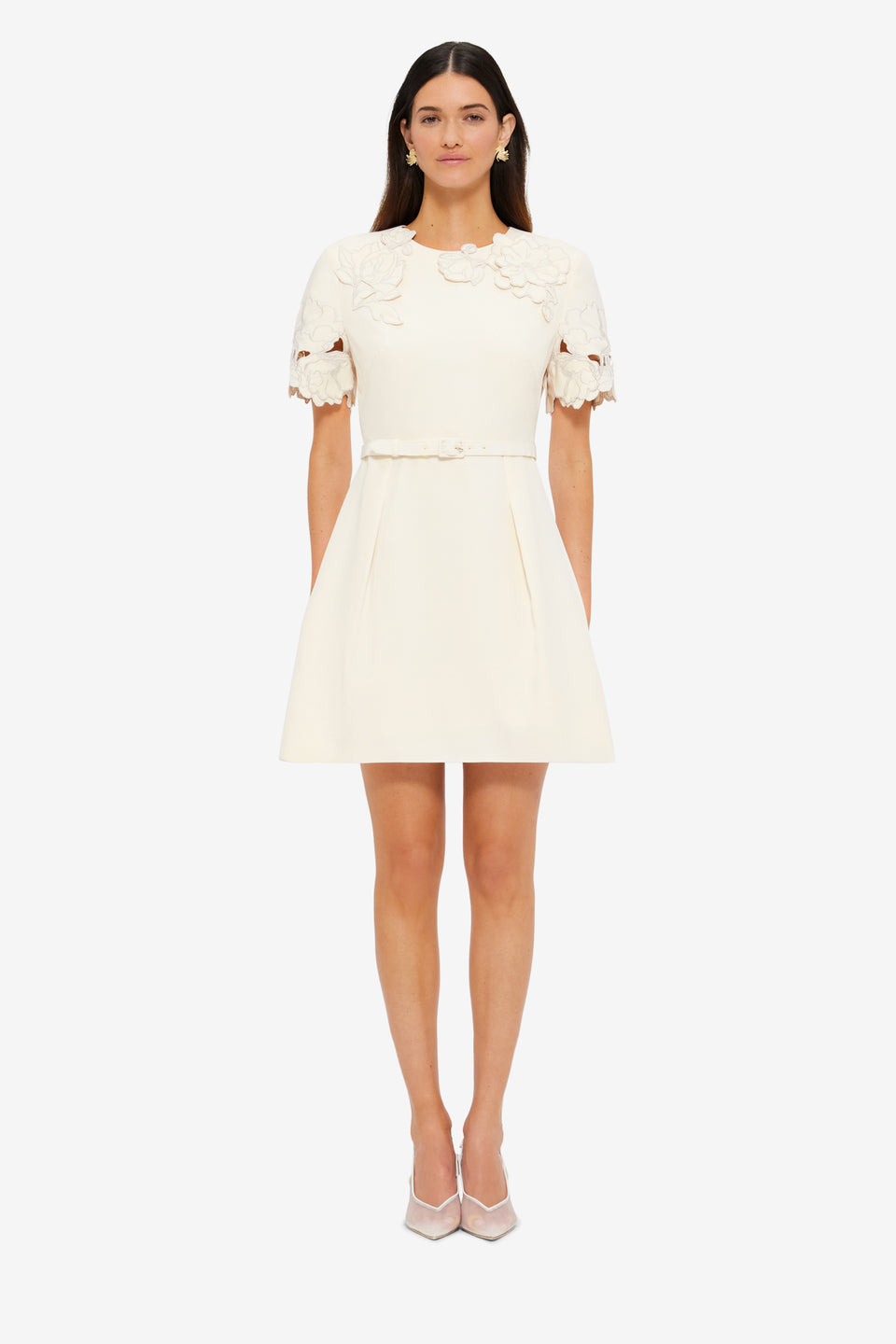 Exclusive LEO LIN Aurélie Appliqué Short Sleeve Mini Dress in Cream