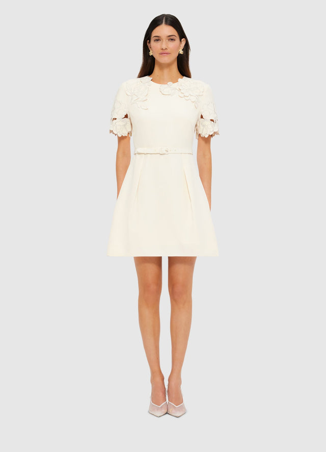 Exclusive LEO LIN Aurélie Appliqué Short Sleeve Mini Dress in Cream