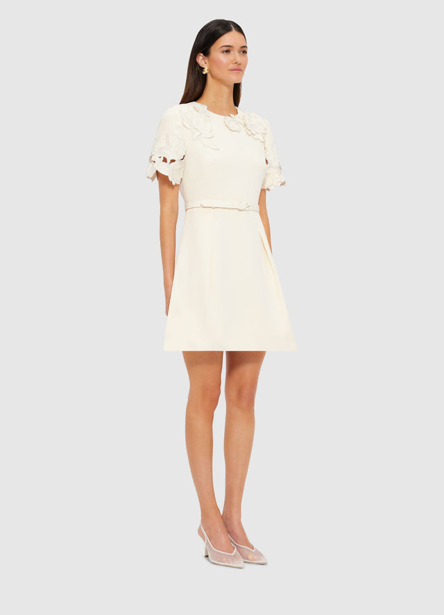 Exclusive LEO LIN Aurélie Appliqué Short Sleeve Mini Dress in Cream