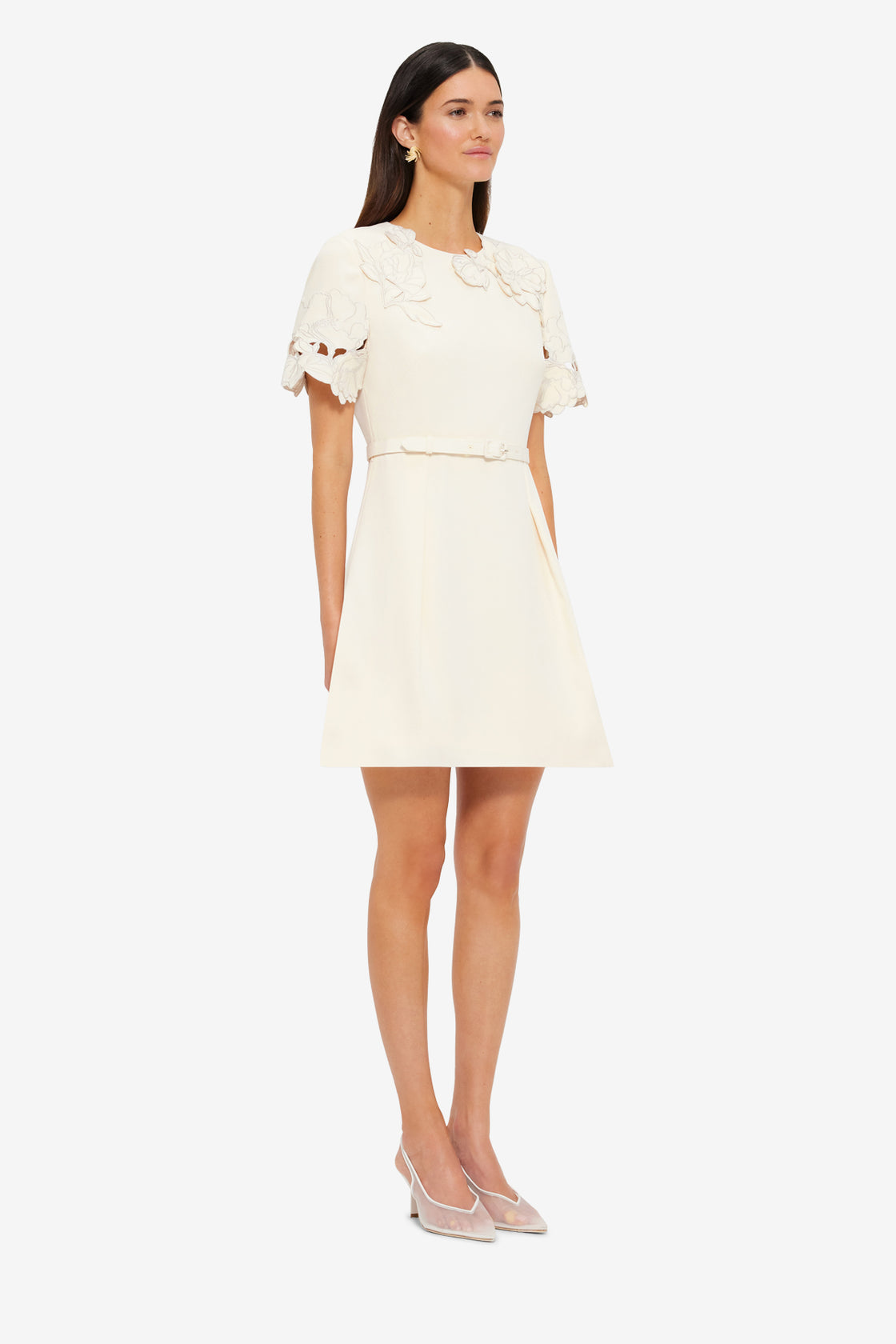 Exclusive LEO LIN Aurélie Appliqué Short Sleeve Mini Dress in Cream