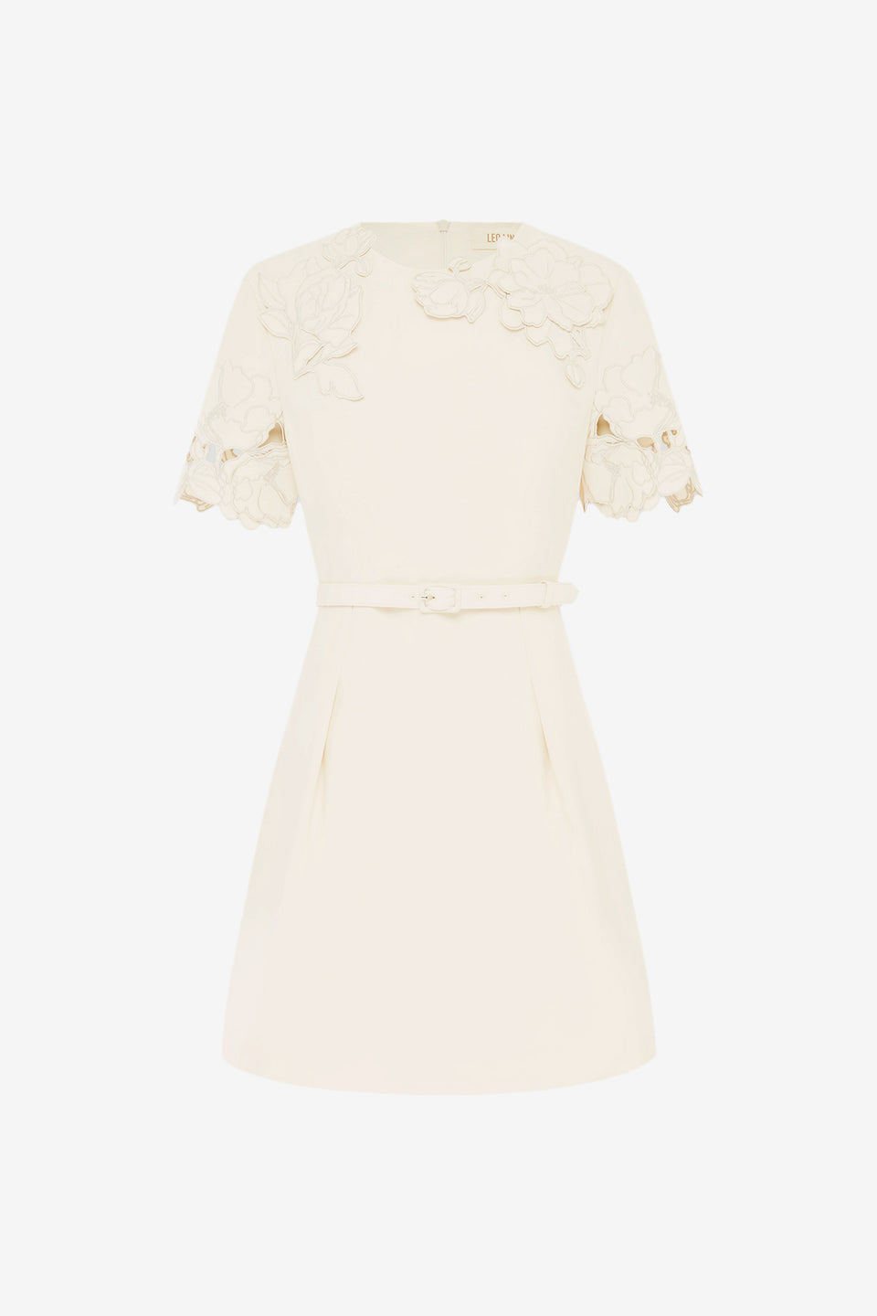 Exclusive LEO LIN Aurélie Appliqué Short Sleeve Mini Dress in Cream