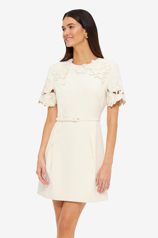 Exclusive LEO LIN Aurélie Appliqué Short Sleeve Mini Dress in Cream