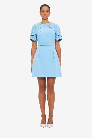 Exclusive LEO LIN Aurélie Appliqué Short Sleeve Mini Dress in Cornflower Blue