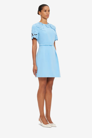 Exclusive LEO LIN Aurélie Appliqué Short Sleeve Mini Dress in Cornflower Blue