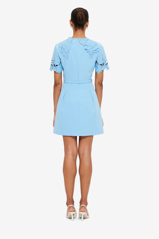 Exclusive LEO LIN Aurélie Appliqué Short Sleeve Mini Dress in Cornflower Blue