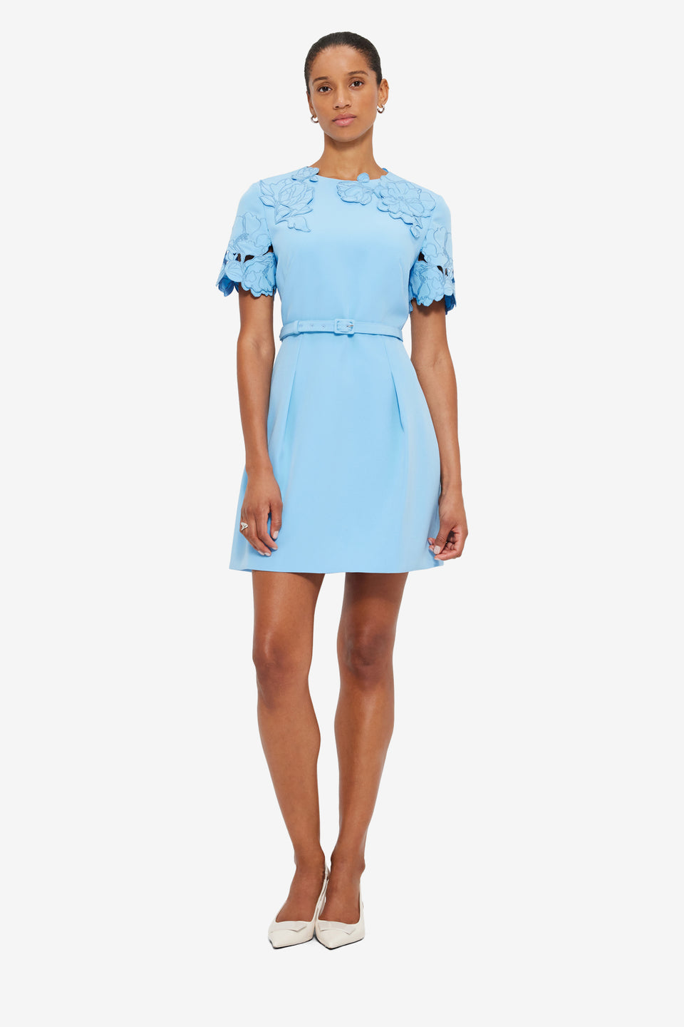 Exclusive LEO LIN Aurélie Appliqué Short Sleeve Mini Dress in Cornflower Blue
