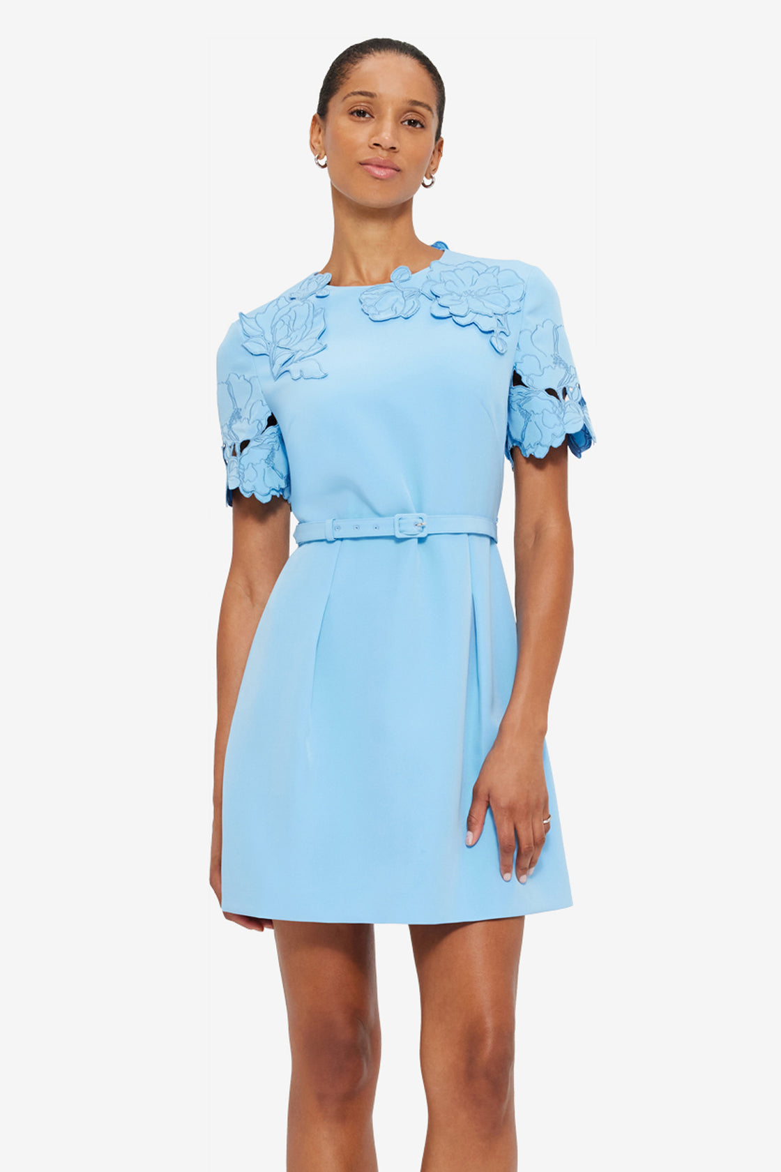 Exclusive LEO LIN Aurélie Appliqué Short Sleeve Mini Dress in Cornflower Blue