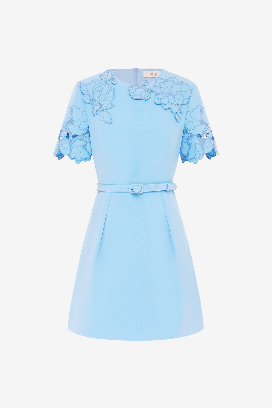 Exclusive LEO LIN Aurélie Appliqué Short Sleeve Mini Dress in Cornflower Blue