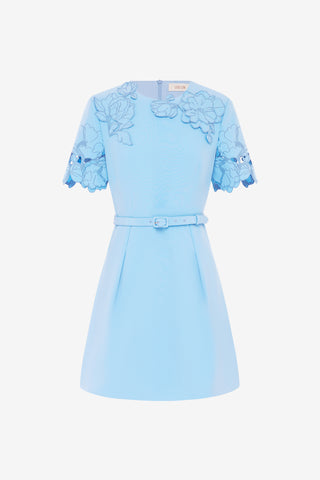 Exclusive LEO LIN Aurélie Appliqué Short Sleeve Mini Dress in Cornflower Blue