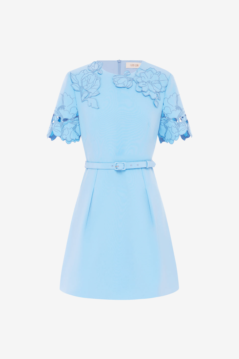 Exclusive LEO LIN Aurélie Appliqué Short Sleeve Mini Dress in Cornflower Blue