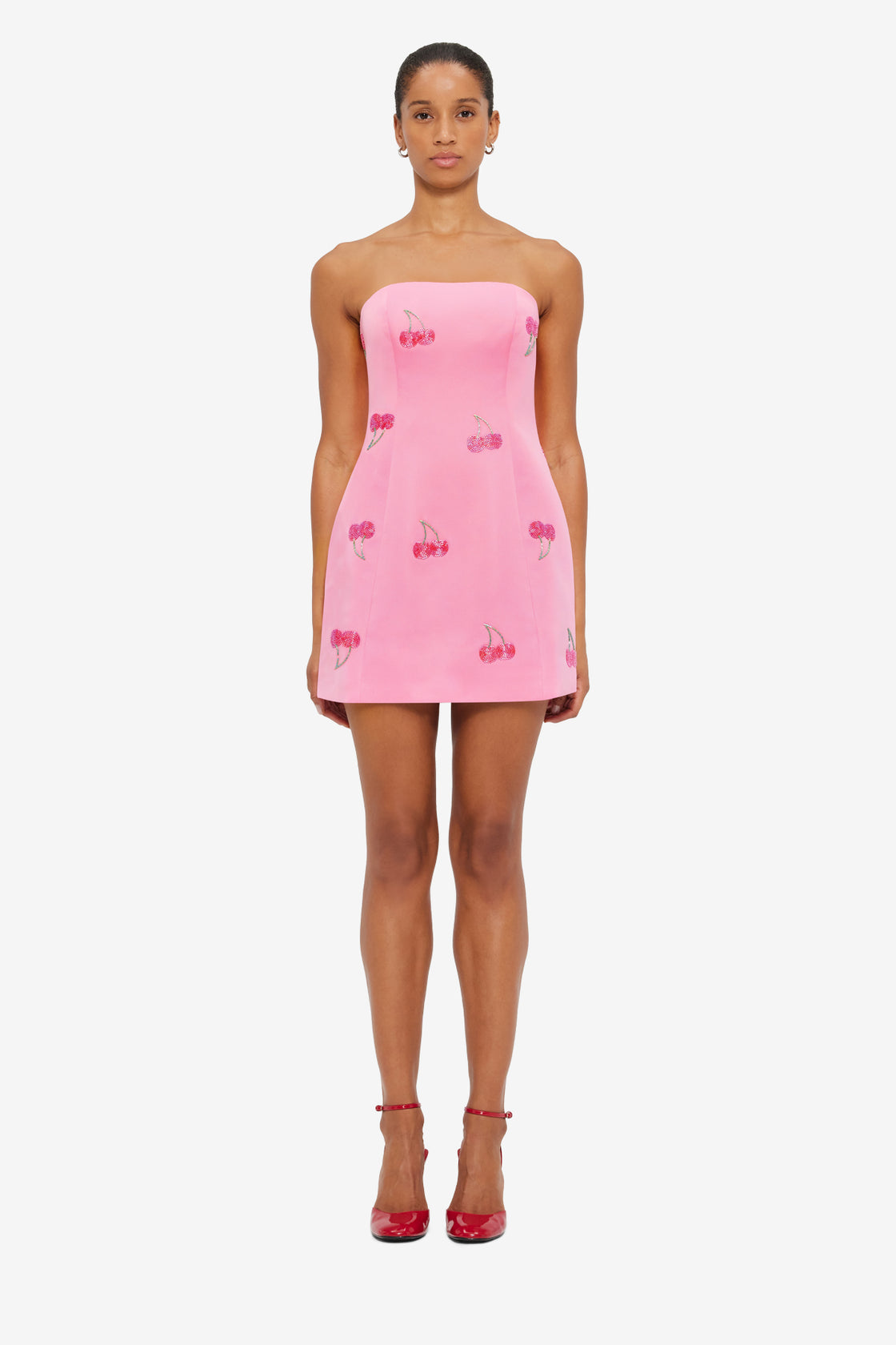 Exclusive Leo Lin Roselle Embellished Bustier Mini Dress in Pink Cherry Beading