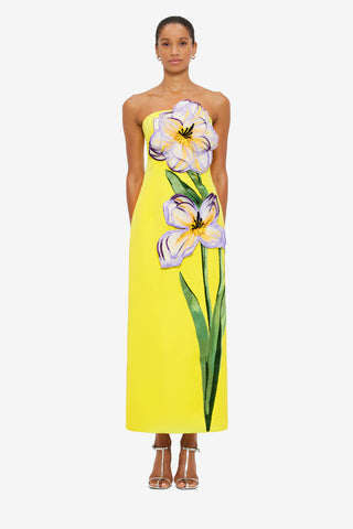 Exclusive Leo Lin Rayna Appliqué Floral Maxi Dress in Iris Print in Yellow