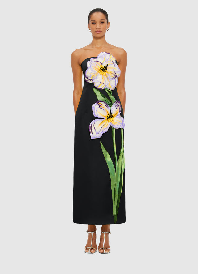 Exclusive Leo Lin Rayna Appliqué Floral Bustier Maxi Dress - Iris Print in Ebony