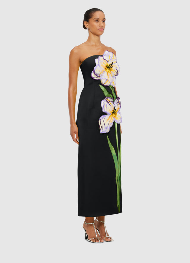 Exclusive Leo Lin Rayna Appliqué Floral Bustier Maxi Dress - Iris Print in Ebony