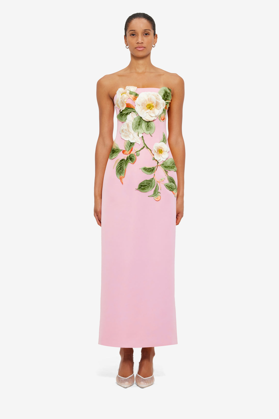 Rayna Appliqué Floral Bustier Maxi Dress in Camelia Print