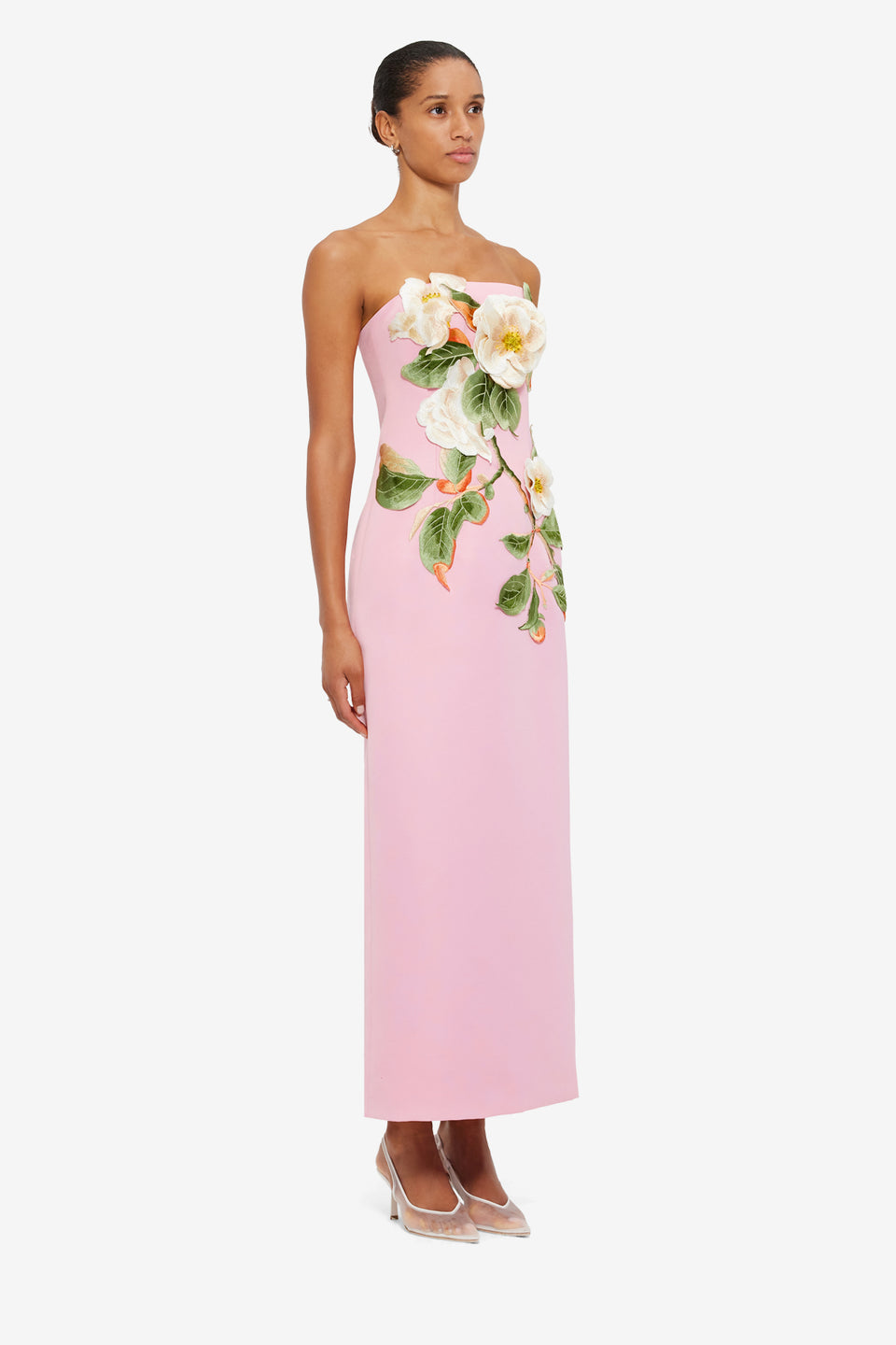 Rayna Appliqué Floral Bustier Maxi Dress in Camelia Print