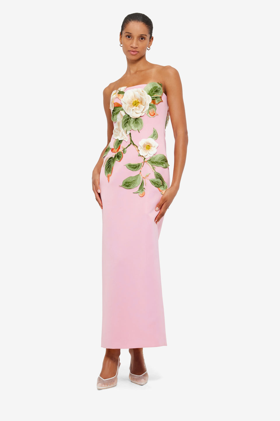 Rayna Appliqué Floral Bustier Maxi Dress in Camelia Print