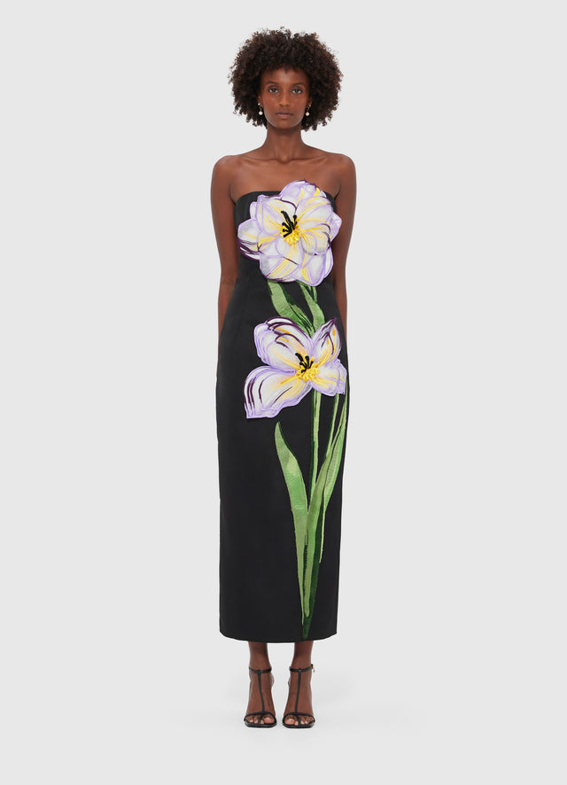 Exclusive Leo Lin Rayna Appliqué Floral Bustier Maxi Dress - Iris Print in Ebony